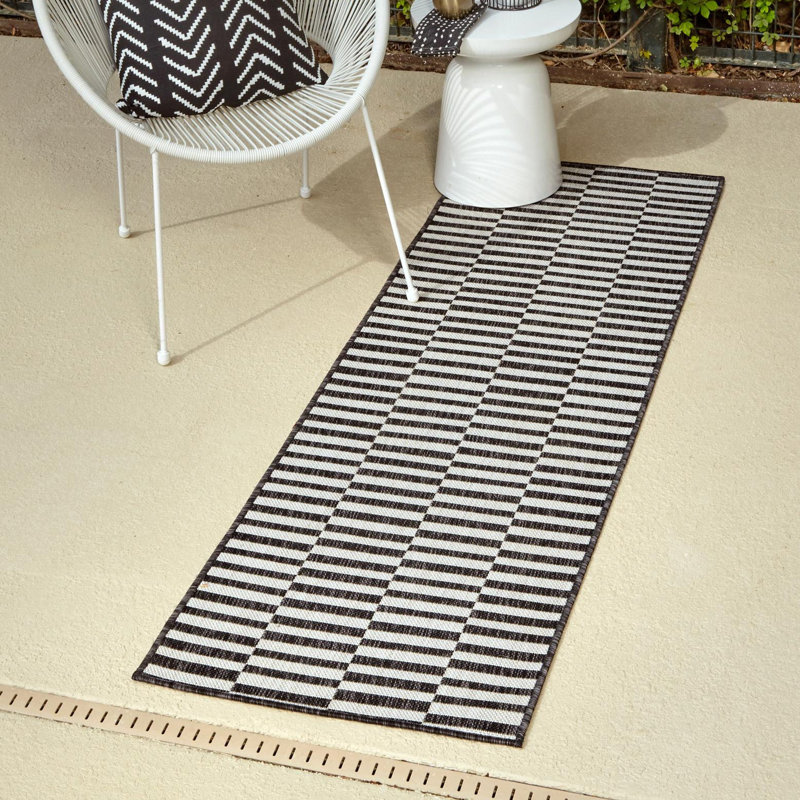Finkelstein Striped Charcoal/Ivory Indoor / Outdoor Area Rug, Runner 2' x 8'