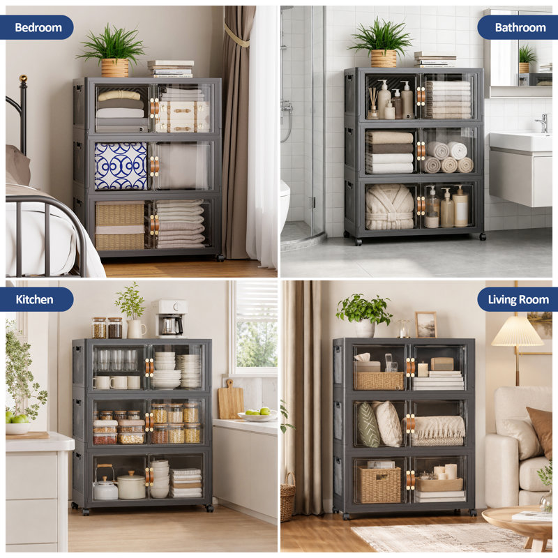 Très grands bacs de rangement en plastique pliables de 26 po de largeur et de 321 pte avec couvercles et portes avant, armoire de rangement à 3 niveaux - noir