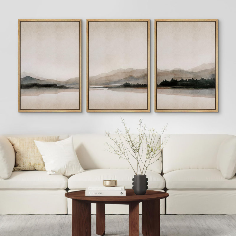 "Tranquil Mountain Panorama, aquarelle, paysage, illustrations, art moderne, salon", 3 pièces, H 36 po x l 24 po, Naturel