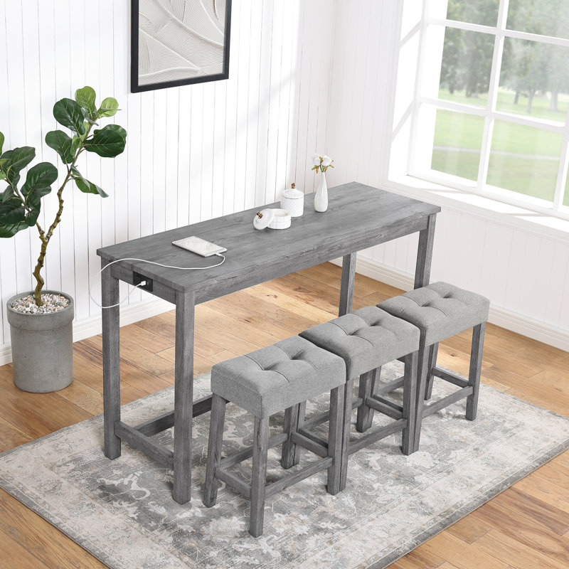 Modern Industrial Bar Table Set With Integrated Power Outlet, Includes High Bar Table And Matching Chairs, 4 Piece Dining Set, Suitable For Living Room, Dining Room, And Game Room, Constructed With Solid Wood And MDF, Available In Multiple Colour Options