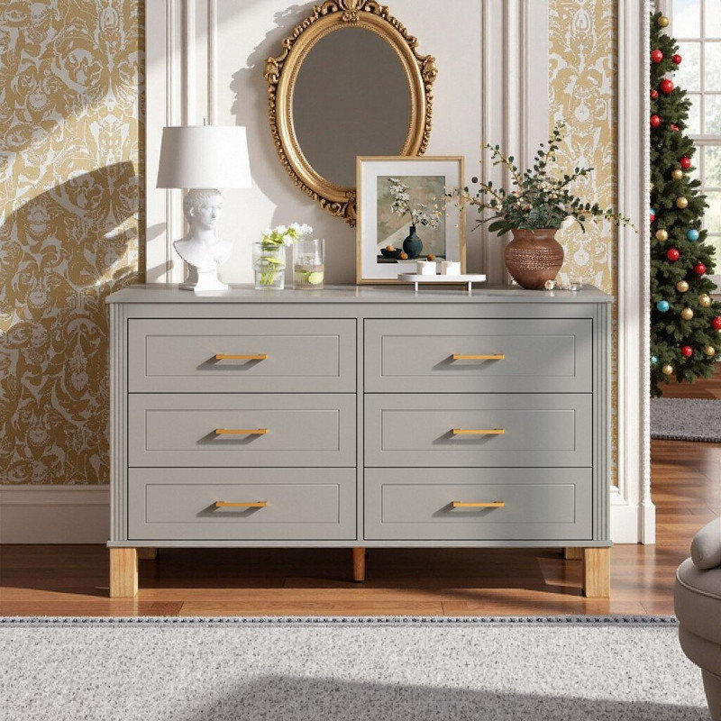 Commode double 6 tiroirs avec structure en bois massif et poignées en métal Scrigno, armoire de rangement 47,24 L, Gris