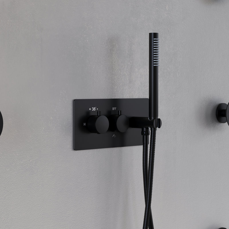 Thermostatic Shower System With 10" Ultra-Thin Round Shower Head,Body Jets And Hand Shower, Matte Black