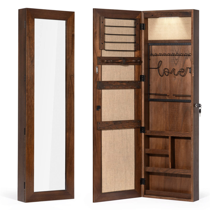 Armoire à bijoux rétro avec miroir, serrure, fixation réglable, parfaite pour les femmes, Brun foncé