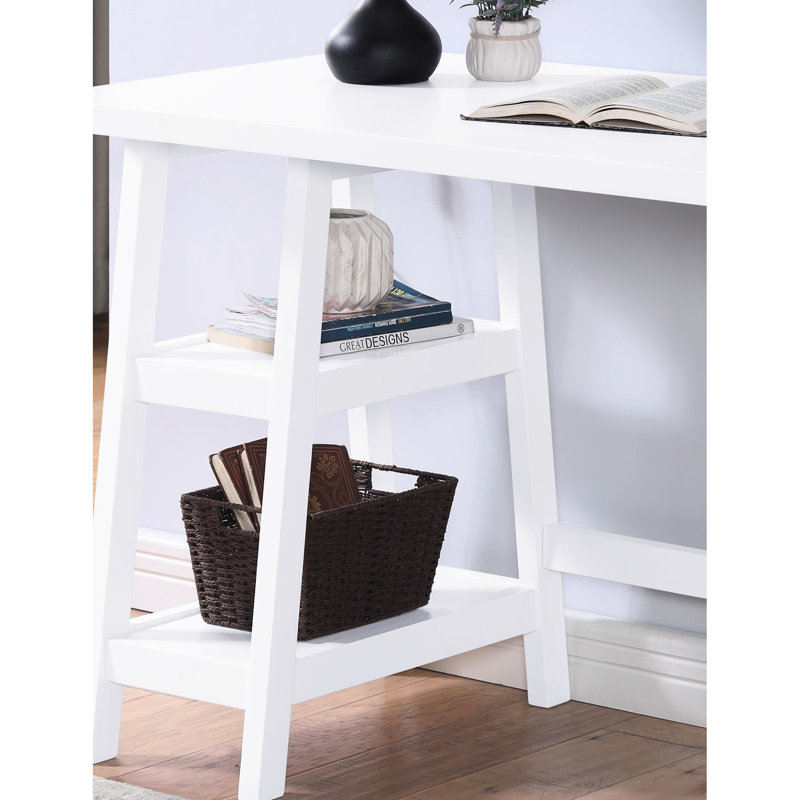 White Desk With Storage Compartment - Broad Desktop, 2 Open Shelves, Manufacturing, Solid Rubberwood Leg Base, 42" X 24" 30", 1.18" Thick Contemporary Wood Spacious Top, Quality Surface, Frame, 42"w
