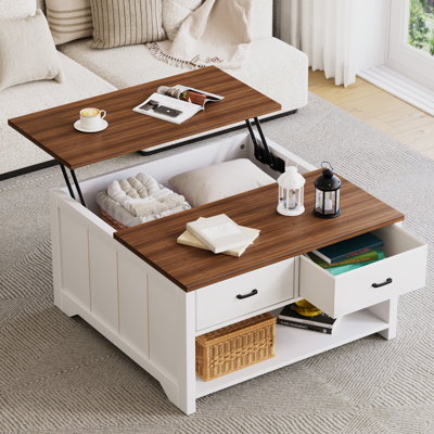 Vividwood Coffee Table Lift Top, Wood Tea Table With Big Open Storage, Square Coffee Tables For Living Room, Farmhouse Coffe Tables Rustic Center Table With 2 Drawers, Coffe White