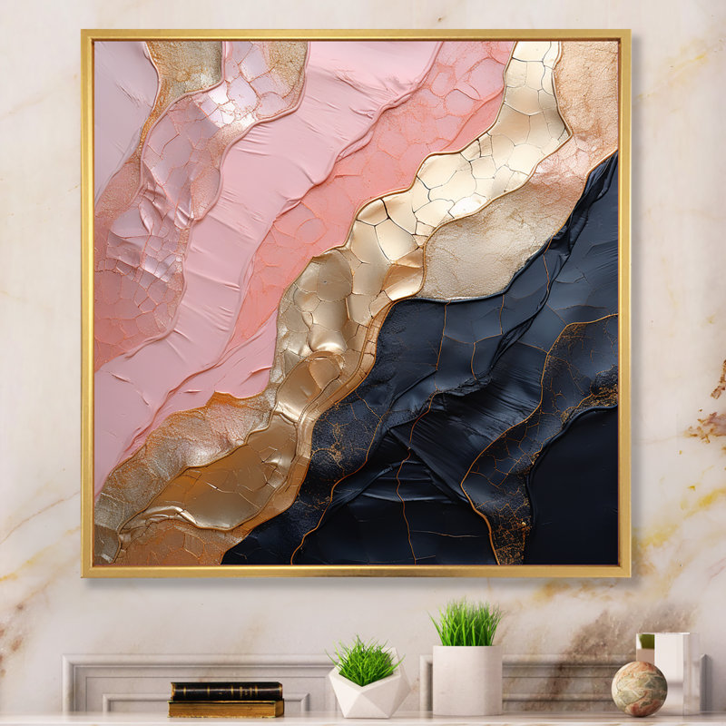 Art mural minimaliste avec poterie abstraite rose, Cadre flottant doré, H 36 po x l 36 po x P 1,5 po