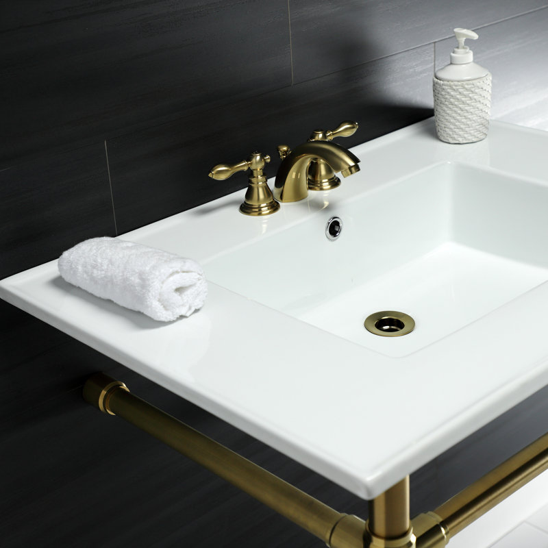 Kingston Brass Dreyfuss 31-Inch Ceramic Console Sink with Stainless Steel Legs, Brushed Brass, 4" Centers