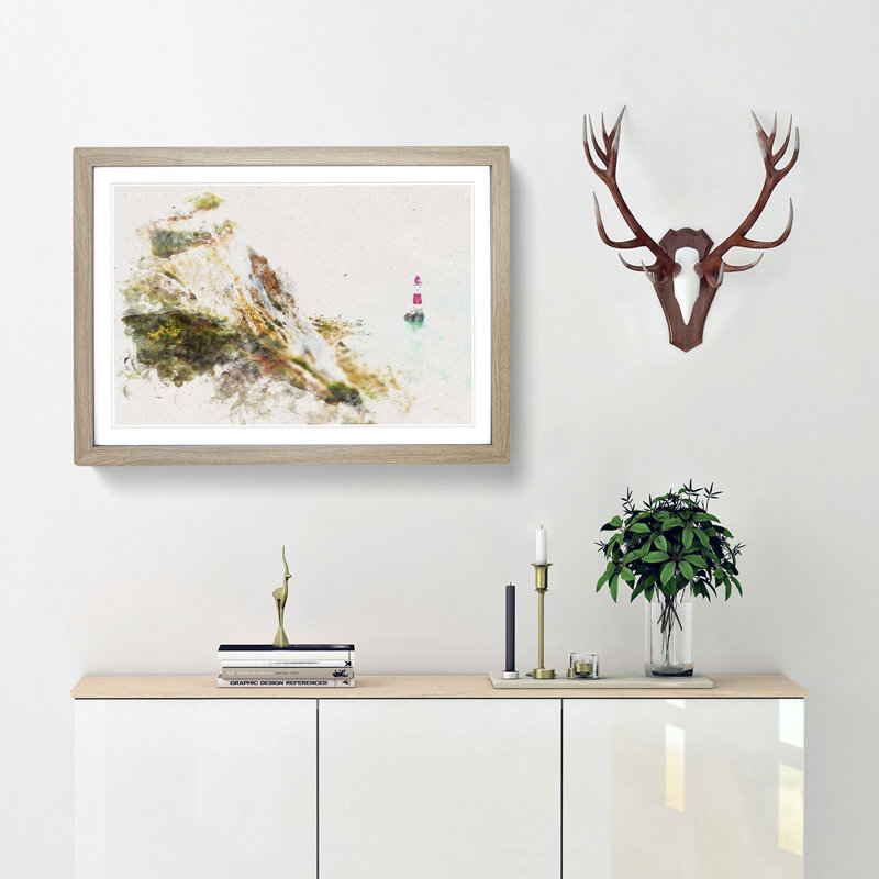 Lighthouse by the Coast Watercolour - Picture Frame Graphic Art Print, 33cm H x 45cm W x 2cm D, Oak Framed