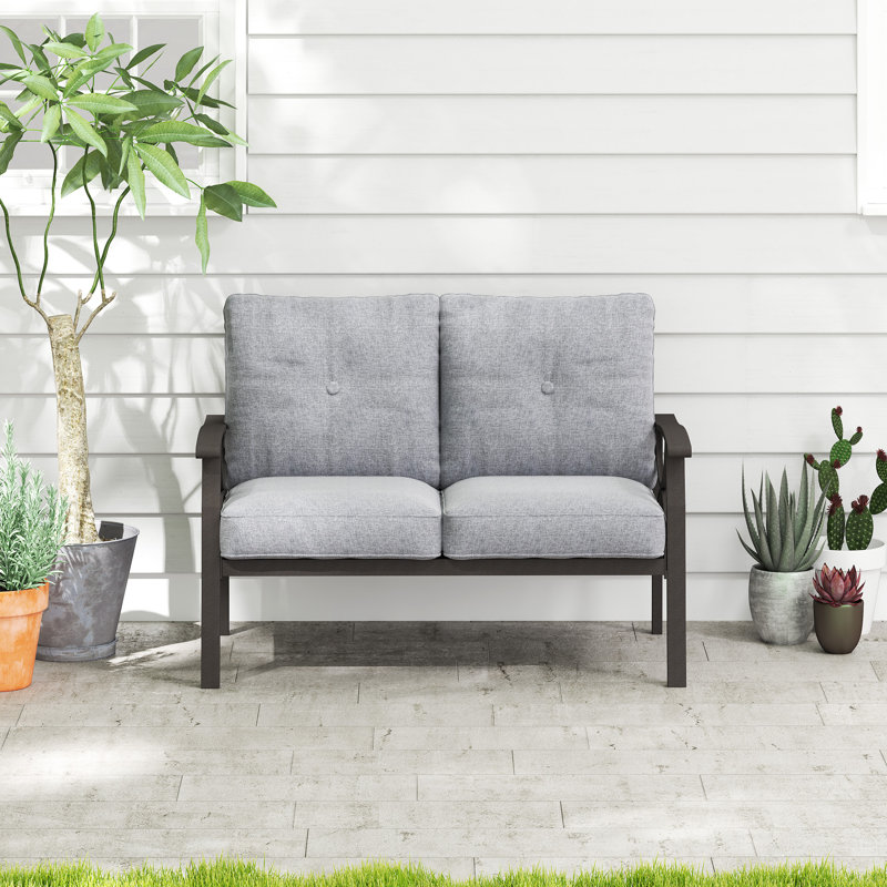 Outdoor Metal Loveseat with Soft Cushions, Coffee Frame/Gray Cushion