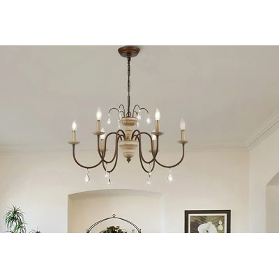 26-Inch 6 - Light Wood-Like Metal Crystal French Country Empire Chandelier