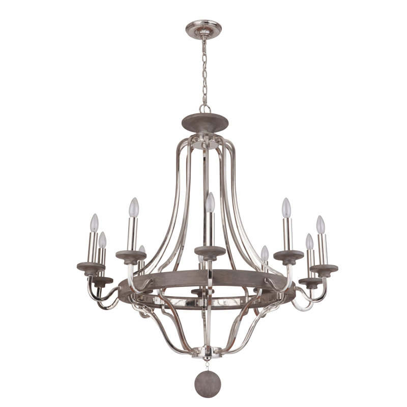 Lustree empire 10 lumières à bougie de style bougie Arkaitz, Nickel poli / bois gris