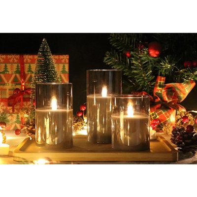  Gray Glass Battery Operated Flameless Led Candles With 10-key Remote And Timer, Real Wax Candles Warm White Flickering Light For Home Decoration(set Of 3)