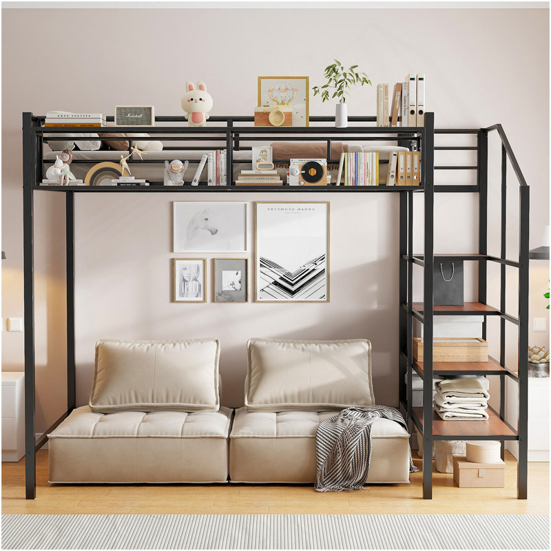 Lit mezzanine simple en métal avec tablette de rangement supérieure et échelle de rangement latérale, noir, Noir