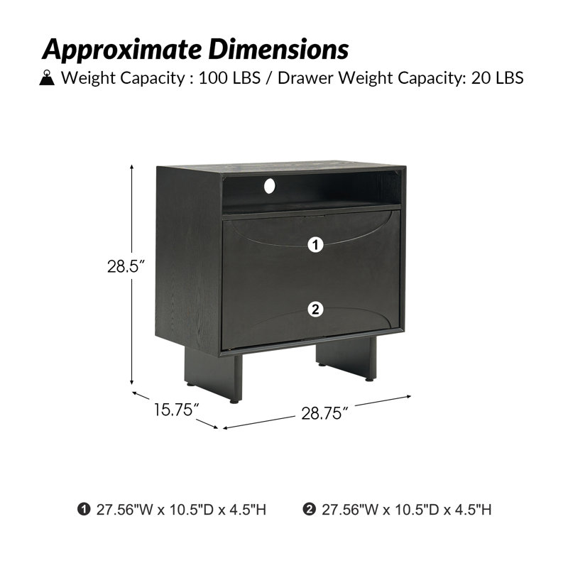 Myhanh 28" Tall 2-Drawer End Table with Built-In Ports and Compartmentalized Drawers, Black