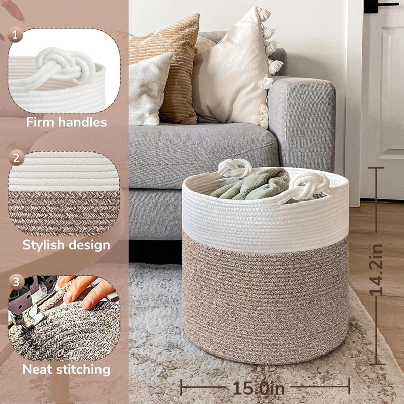 Laundry Basket with Handles, White/Brown