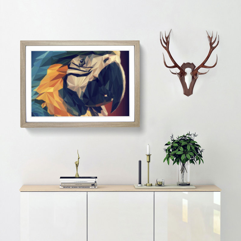 Geometric Macaw Parrot in Abstract - Framed Print, 48cm H x 65cm W x 2cm D, Oak Framed