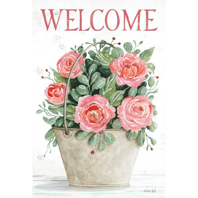 Welcome Roses in Pail par Cindy Jacobs, peinture, H 18 po x l 12 po, Oui, Papier avec cadre simple argenté