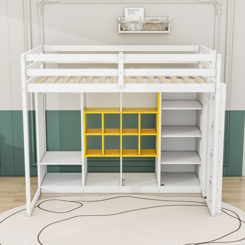 Wood Loft Bed With Wardrobe, Shelves And Cabinet, White/Yellow, Twin