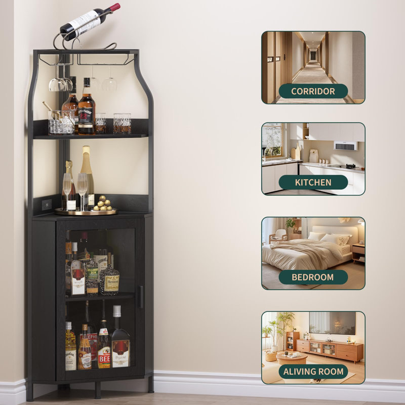 Bar d'angle avec portes, armoire à vin et à vin industrielle à 5 niveaux, mobilier moderne avec tablettes réglables, Noir