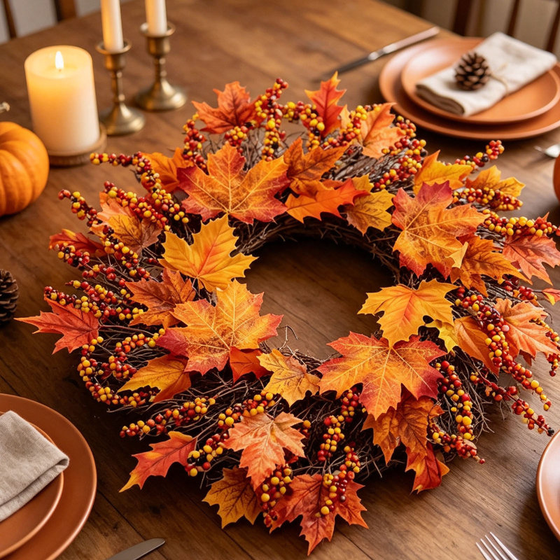 Décoration de style couronne de porte d'entrée en fausse feuille d'érable, baie de brindille colorée, couronne, météo, automne, décor pour l'entrée de la cheminée