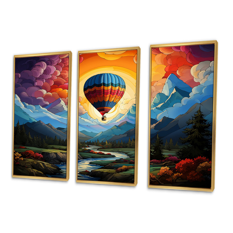 Pop Art, montgolfières, vue aérienne I - ensemble de décoration murale montgolfière, Cadre flottant doré