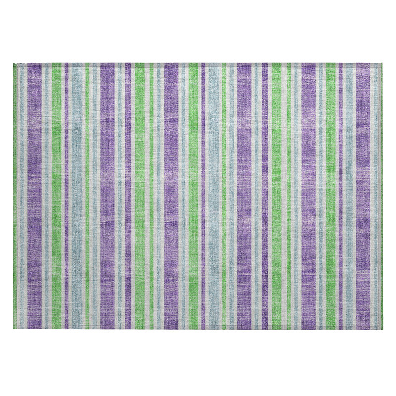 2' X 3' Green Purple and Blue Striped Washable Non Skid Indoor Outdoor Area Rug