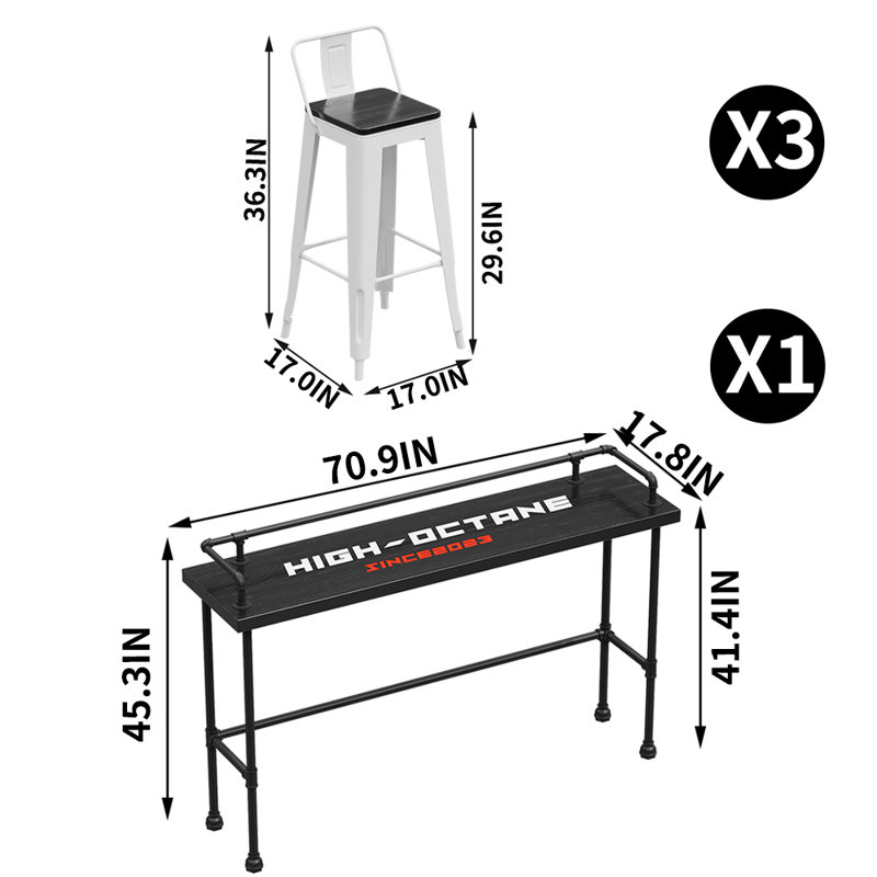 Industrial Style High Table And Chairs Set Solid Wood Solid Wood Top Trestle Dining Set, 45.3"H x 70.9"L x 17.8"W, 4