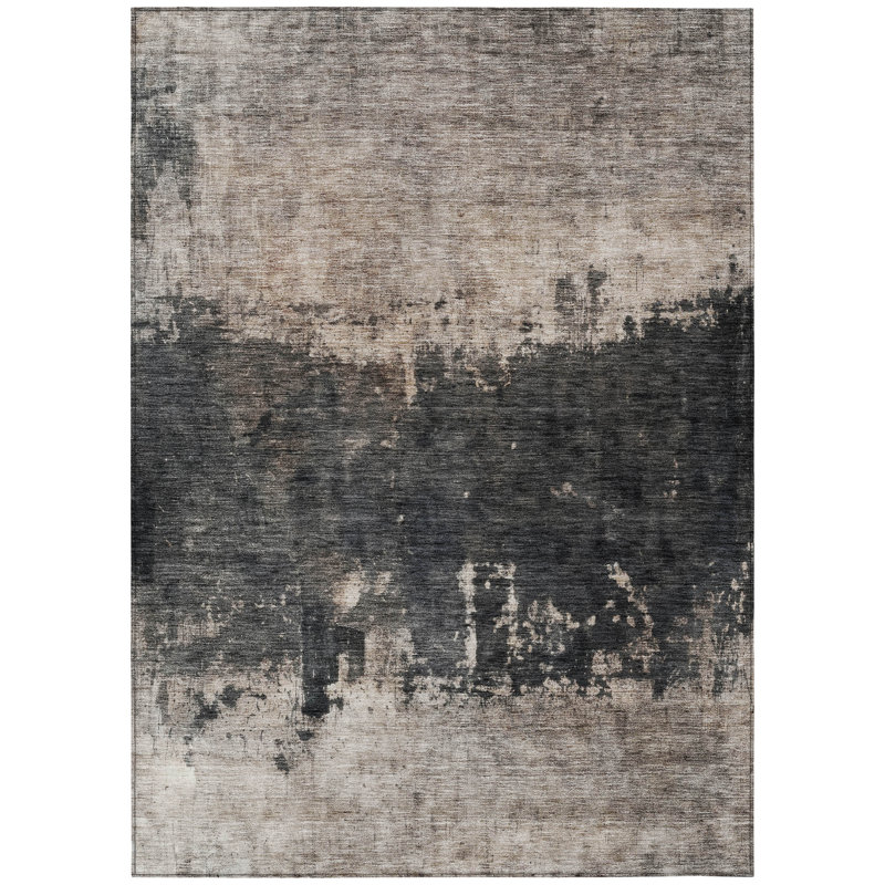 Taupe and Black Abstract Washable Indoor/Outdoor Rug