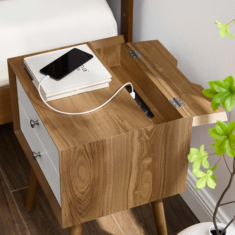 Ember Wood Mid-century Modern Nightstand, White/Natural