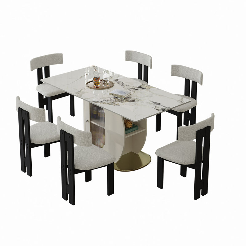 Ensemble de table de salle à manger de 63 po pour 4 à 6 personnes avec rangement, plateau en pierre brûlée et 6 chaises en velours pour la cuisine et les appartements