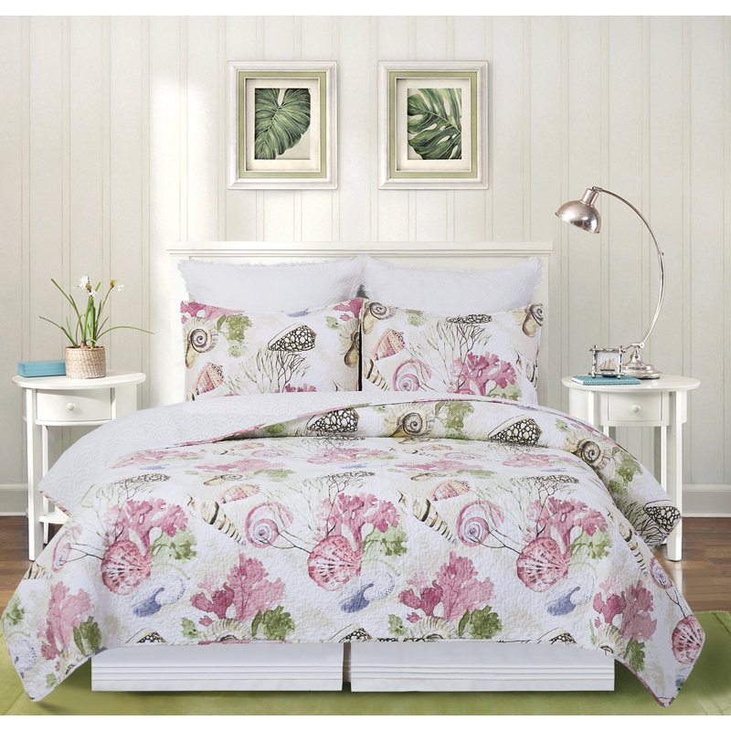 Vilano Bay Pink/Green Cotton Reversible Quilt Set, King Quilt + 2 King Shams