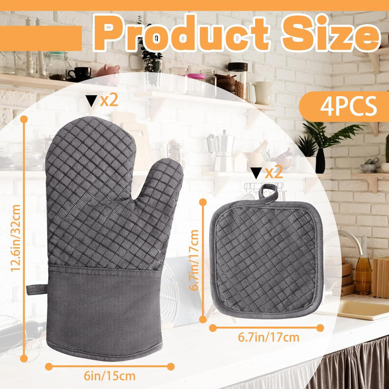 4 Pcs Oven Mitts and Pot Holders,High Heat 500°F Resistant Glove Potholder with Thick Cotton