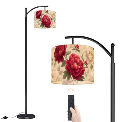 Lampe sur pied à arc avec abat-jour réglable pivoine rouge crème à motif floral de feuilles sur pied rétro avec 3 températures de couleur et haut gradateur avec interrupteur au pied pour la chambre à coucher