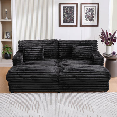 Oversized Double Chaise Lounge Sofa with USB Ports and Cup Holders, Faux Rabbit Fur Upholstered Deep Seat Sofa with 2 Pillows, Black