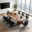 Ensemble de table de conférence ovale moderne en bois massif noyer, comprenant 8 chaises de bureau ergonomiques en filet avec roulettes-1211423540