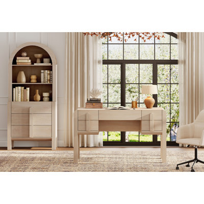 Ensemble de bureau 2 pièces, bureau de direction moderne de 53,5 po avec station de charge et tiroirs et bibliothèques arquées à 3 niveaux de hauteur de 71 po de hauteur avec rangement ouvert pour le salon, la chambre à coucher et le bureau à domicile