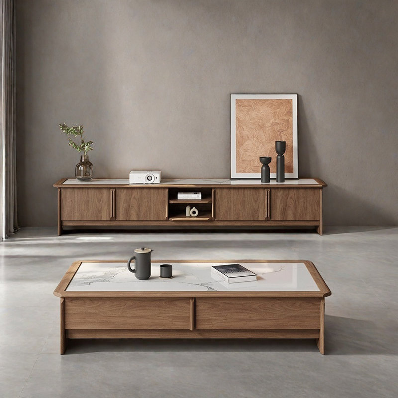 Solid wood frame TV stand paired with coffee table
