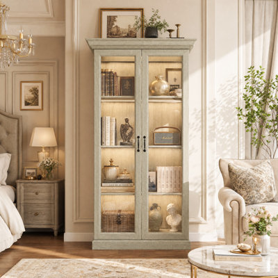69.3" H Lighted Curio Display Cabinet with Tempered Glass Doors & Warm White LED, Gray Oak