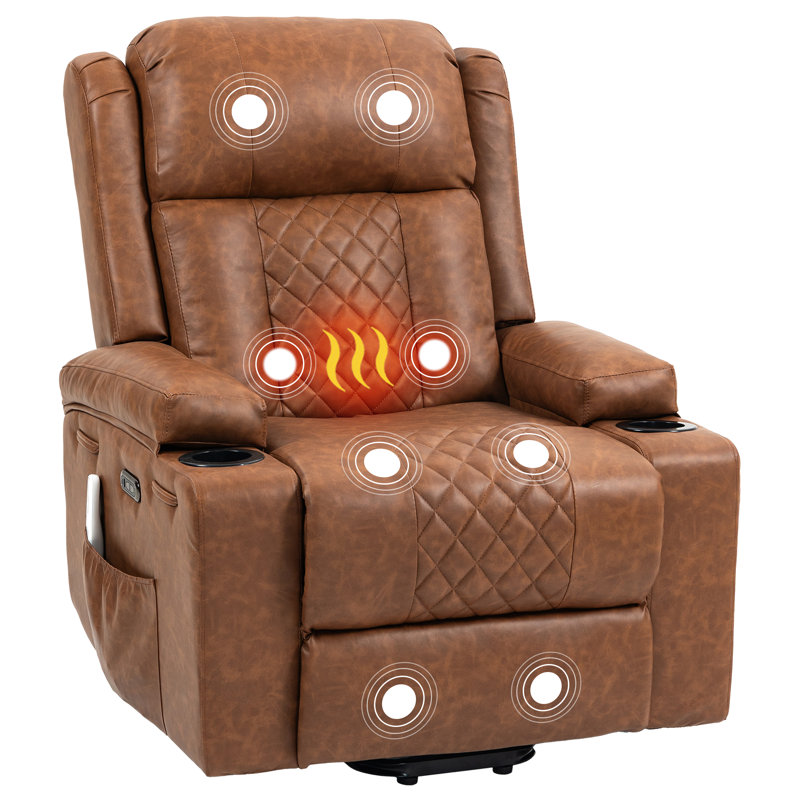 PU Leather Electric Power Lift Heated Massage Recliner Chair with Cup Holders and USB Type C, Brown