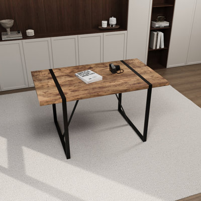 Rural Dining Table 55", Dark Wood Tabletop 1.5" Thick, 4-6 Seater, Rectangular Black Metal Legs, Home Kitchen Modern 55" Table, Decoration