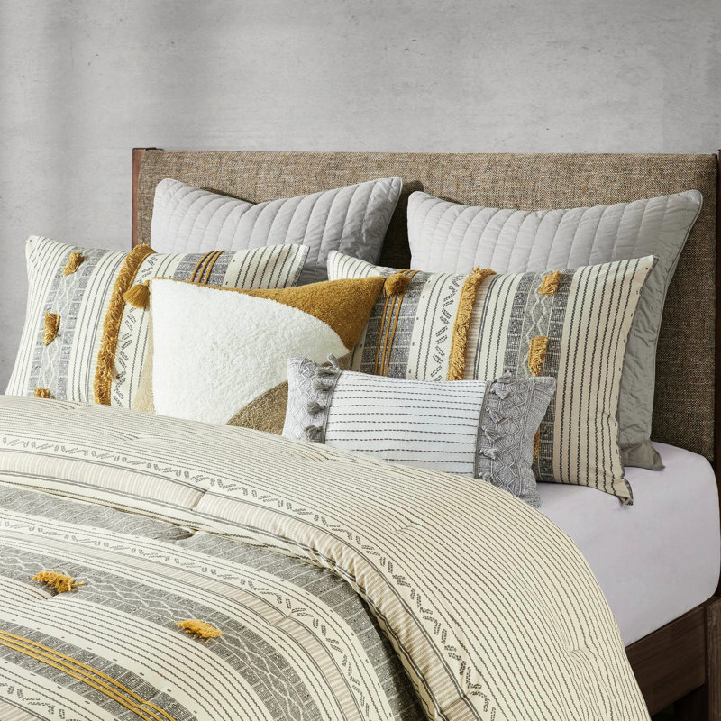 Édredon en coton 3 pièces double / grand gris / jaune, motif rayé avec rembourrage, literie extraordinaire gris / jaune double / grand, rayé et finitions, rembourrage, tentant