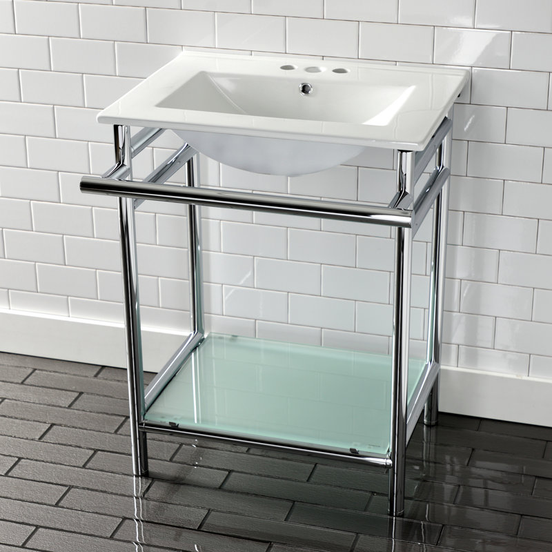 Kingston Brass Sheridan 24-Inch Ceramic Console Sink with Stainless Steel Legs and Glass Shelf (3-Hole), 4" Centers