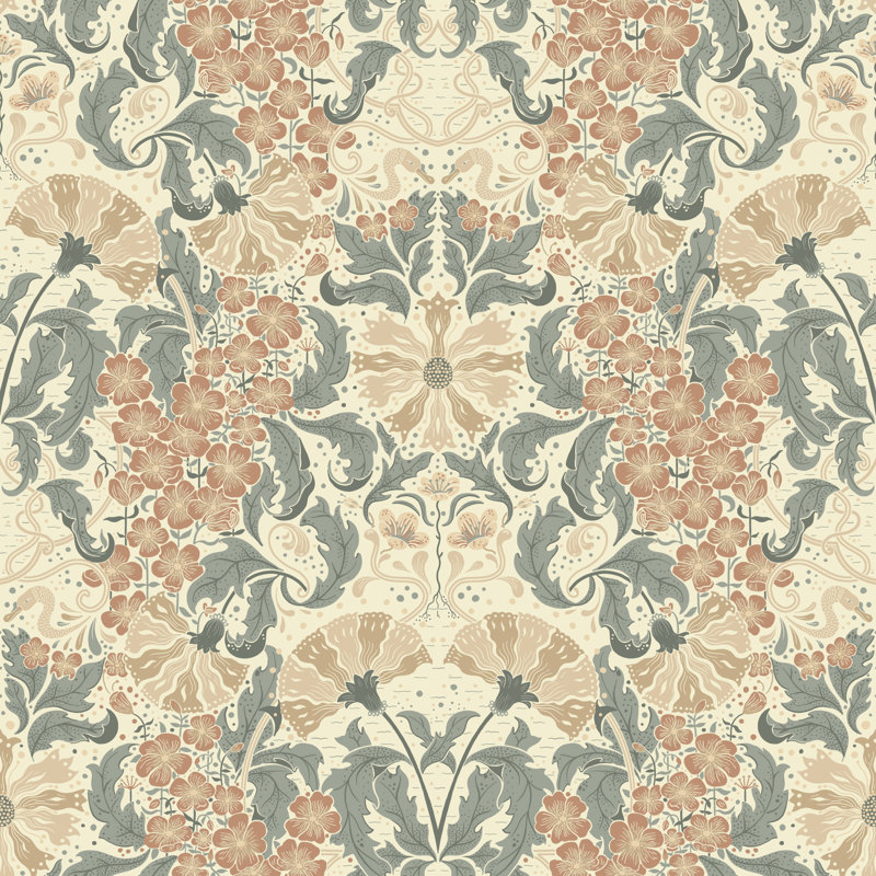Yvette Öjvind Floral Swan 10.05m x 53cm Matte Wallpaper Roll, Blue/Pink/Cream