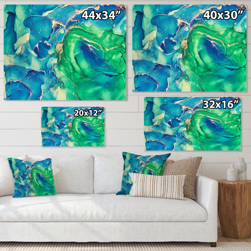 «Blue and Green Abstract Abstract Art I», reproduction sur toile, H 24 po x l 32 po, Toile tendue