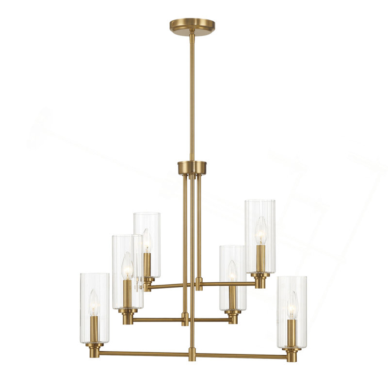 Lustre Timeless à six lumières avec verre côtelé transparent - laiton satiné