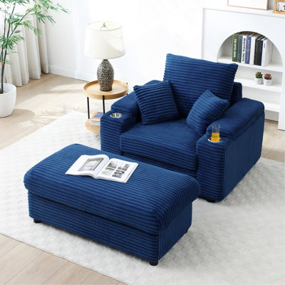 Fauteuil d'appoint surdimensionné avec repose-pieds, fauteuil simple avec grand siège et accoudoirs très larges, fauteuil de lecture moderne et confortable pour la chambre à coucher, bleu