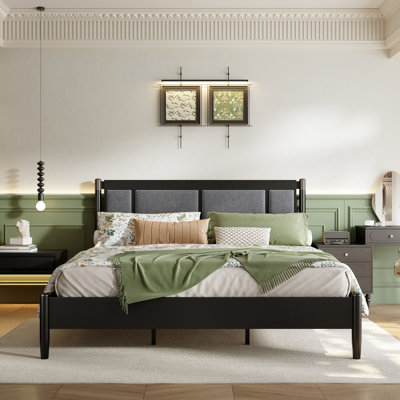 Solid Wood King Bed, Heavy Duty 600 Lbs Support, No Box Spring Needed, Black Upholstered Headboard With Metal Handles