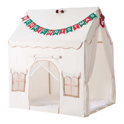Tente de jeu 2 en 1 pour enfants, structure en bois, tapis rembourré, beige, idéale pour l'intérieur et l'extérieur. Coin lecture confortable, pompons, fenêtre aérée, guirlande lumineuse étoilée.