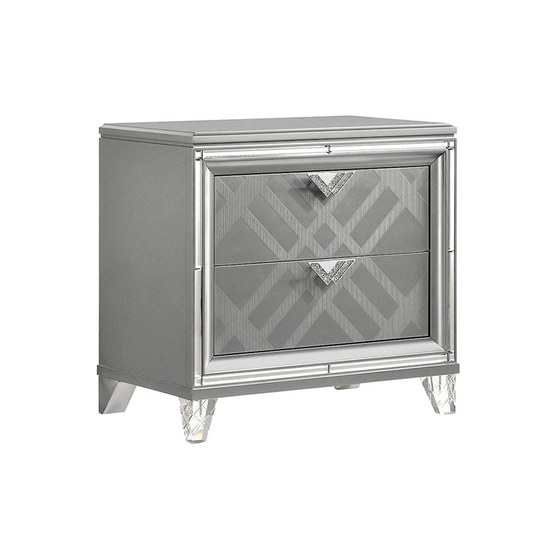 Silver Nightstand With 2 Drawers And Mirror Trim – Elegant And Reflective Bedroom Design