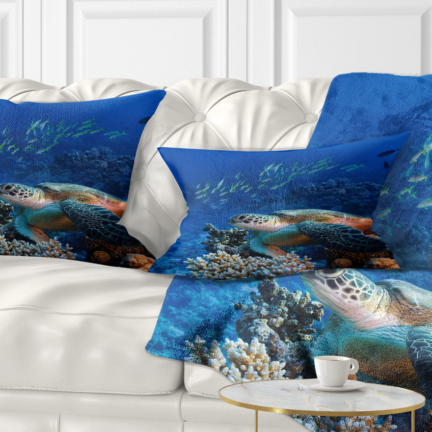 Large Sea Turtle underwater - Animal Printed Pillow Design Art